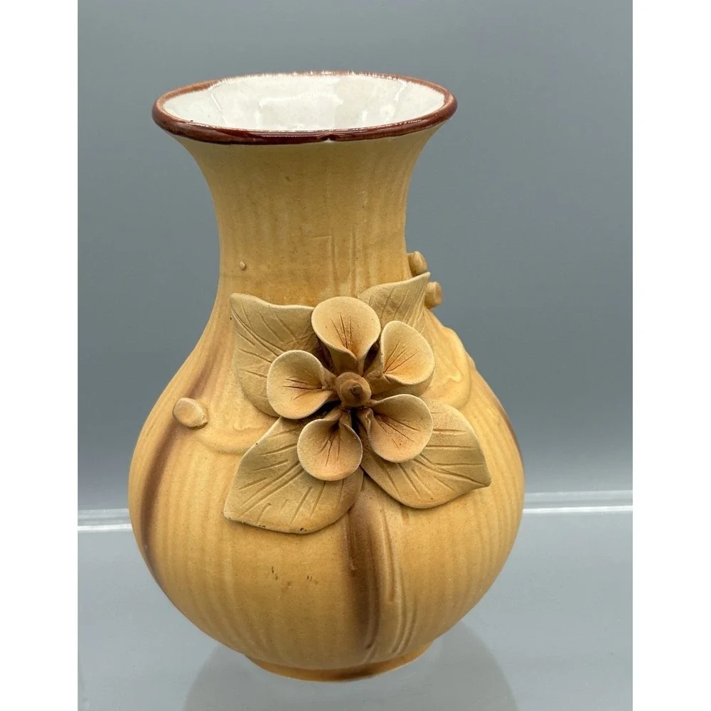 Vintage Mustard Yellow Flower Vase Floral Design Handmade Ceramic Pottery  7